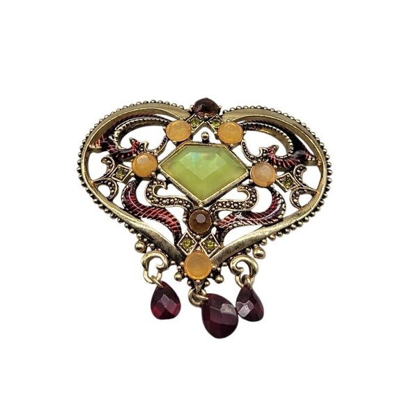 Gold Plated Enamel Heart Center Green Chalcedony Dangle Glass Rhinestone Accents - Picture 2 of 9